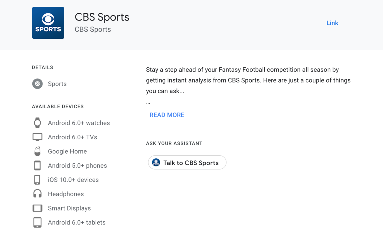 Google Assistant Advisor For CBS Fantasy NFL
